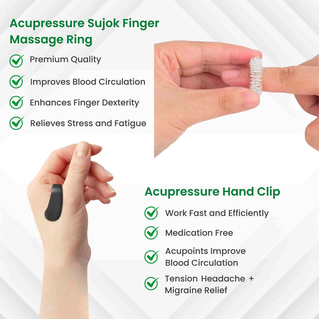 ValueLinker™ Sugar Control LI4 Acupressure Point Clip with FREE Sujok Finger Massage Ring - Perfect Hand Acupressure Combo for Diabetes, Headache, and Stress Relief