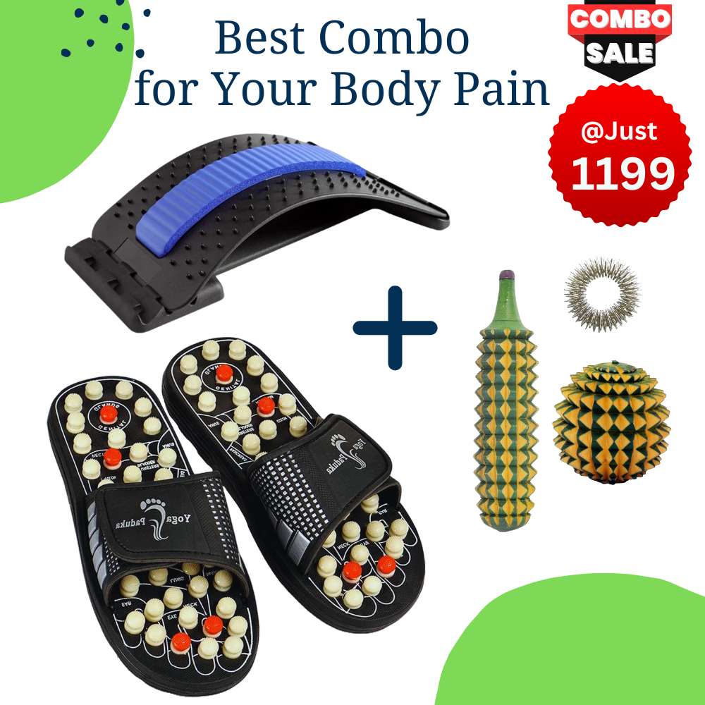 Combo Offer:  Acupressure Slipper + Acupressure Back Stretching Device + Wooden Palm Balls And Karela Massager + Finger Massage Ring | Ultimate Acupressure Wellness Set